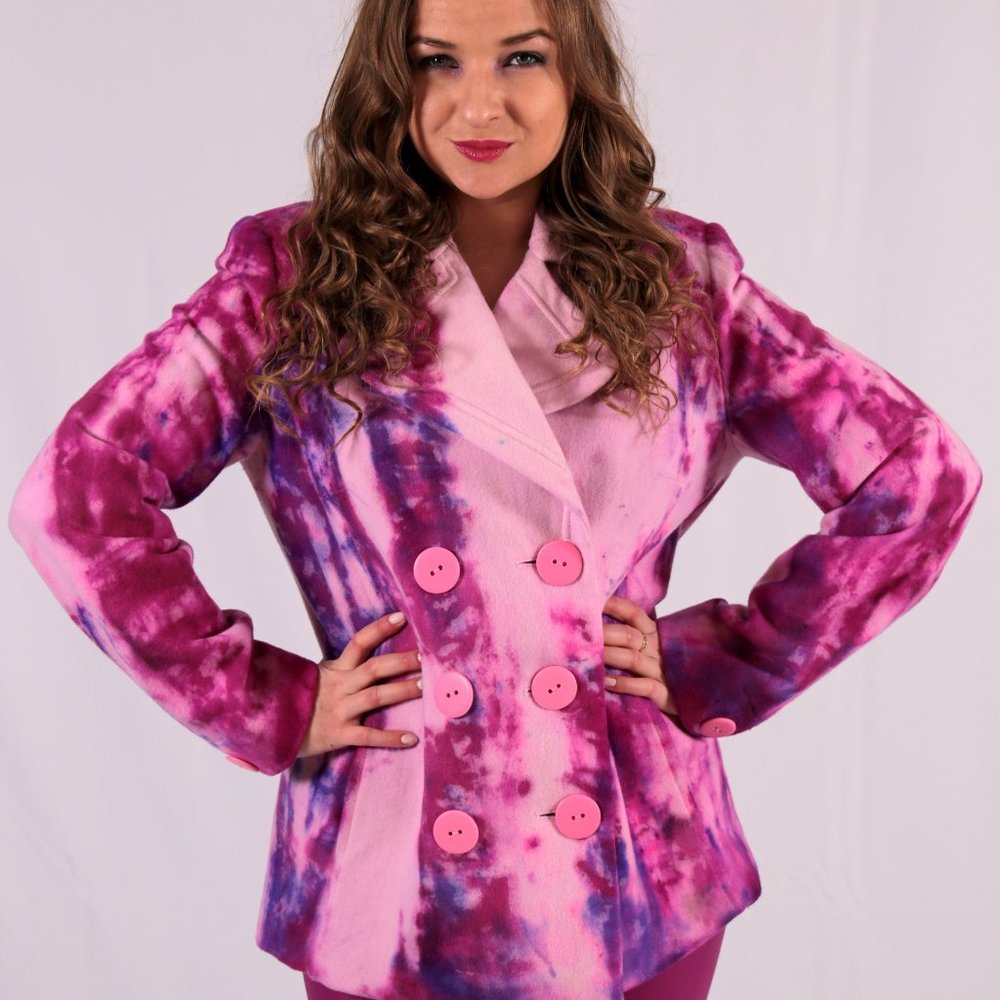 Painted Tie dyed Pink Purple blue white Winter Wool Pea Coat Small Med 4 6 8 10 - Picture 3 of 8
